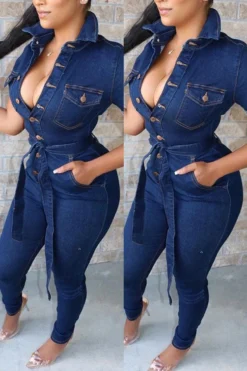Navy Blue Casual Button Down Denim Jumpsuit With Belt