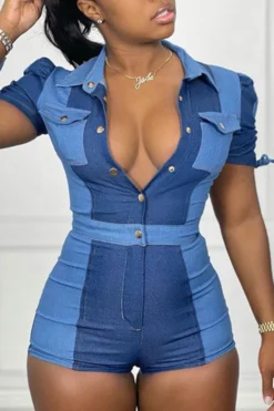 Color Block Lapel Simple Denim Romper 10 Color Block Lapel Simple Denim Romper -Prettytina H21071618 BL 6