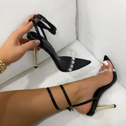 Rhinestone Luxe Pointed Toe Buckled Stiletto Sandals -Prettytina H21072802 BK 1
