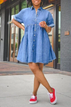 Blue Lapel Classic Button Down Denim Mini Dress