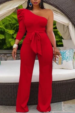 Solid Color One Shoulder Elegant Jumpsuit Wih Belt