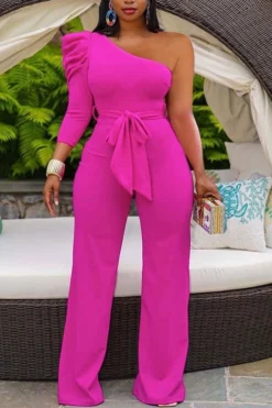 Solid Color One Shoulder Elegant Jumpsuit Wih Belt -Prettytina H21080522 RR 1