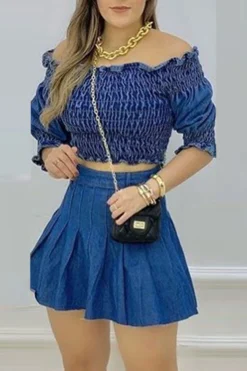 Off Shoulder Elegant Shirring Denim Dress Suit
