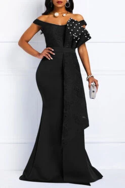 Lace Patchwork Elegant Faux Pearl Layered Ruffles Maxi Dress -Prettytina H21081327 BK 1