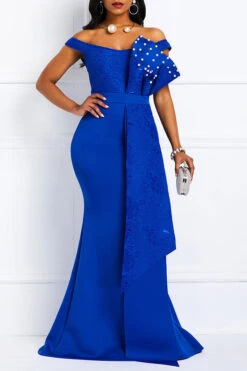 Lace Patchwork Elegant Faux Pearl Layered Ruffles Maxi Dress -Prettytina H21081327 BL 4