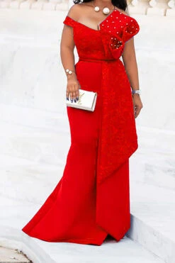 Lace Patchwork Elegant Faux Pearl Layered Ruffles Maxi Dress -Prettytina H21081327 RE 1