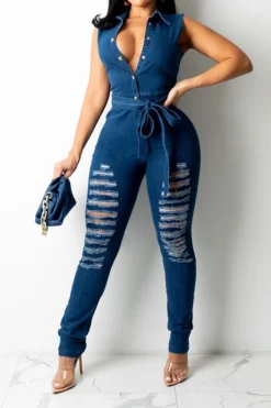 Lapel Urban Ripped Denim Jumpsuit With Belt