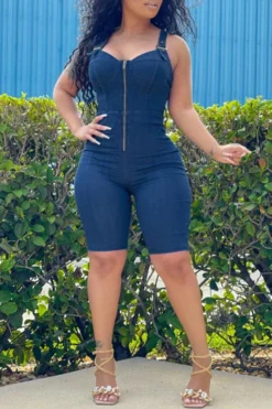 Solid Color Modern Bodycon Denim Romper