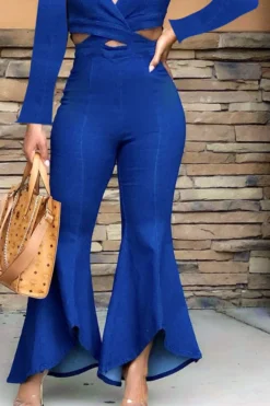 Denim Wrap Cutout Feminine Bell Bottoms Jumpsuit -Prettytina H21083105 BL 3