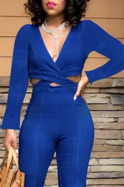 Denim Wrap Cutout Feminine Bell Bottoms Jumpsuit -Prettytina H21083105 BL 4