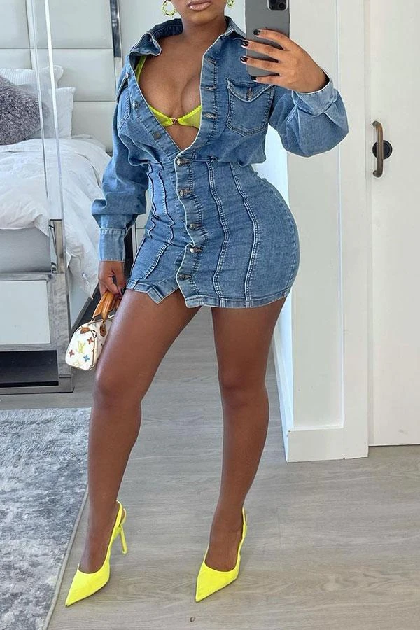 Blue Classic Button Down Denim Mini Dress 3 Blue Classic Button Down Denim Mini Dress - Image 3