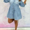 Light Blue Lapel Girly Denim Mini Dress