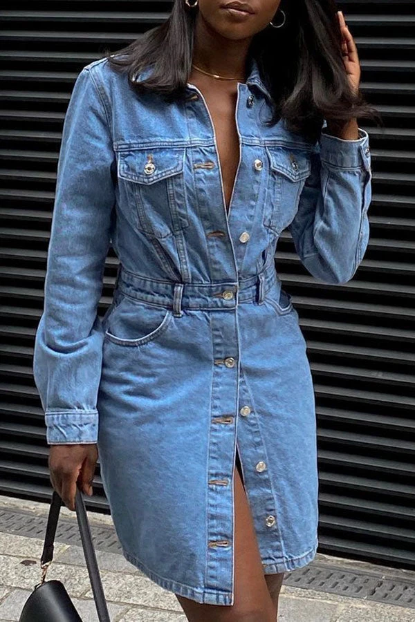 Blue Lapel Casual Button Down Denim Mini Dress 3 Blue Lapel Casual Button Down Denim Mini Dress - Image 3