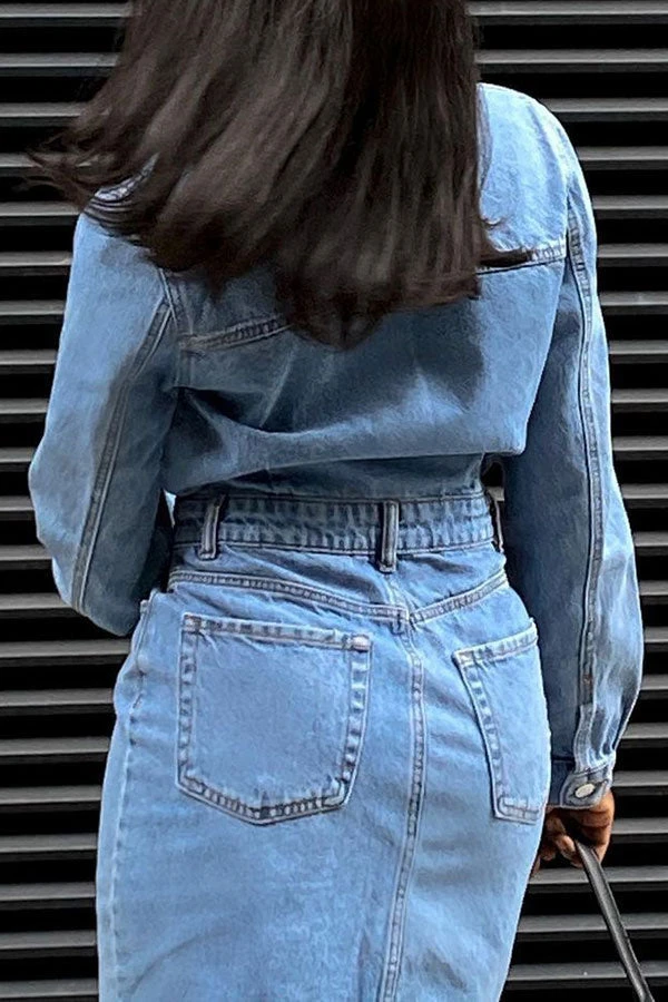 Blue Lapel Casual Button Down Denim Mini Dress 4 Blue Lapel Casual Button Down Denim Mini Dress - Image 4