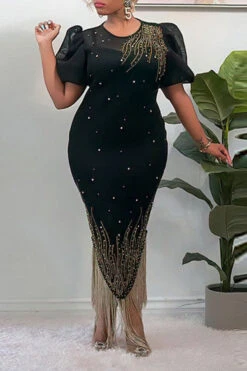 Mesh Patchwork Elegant Rhinestone Tassels Maxi Dress -Prettytina H21092416 BK 1