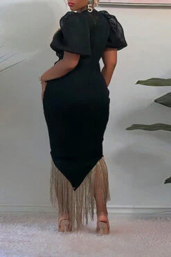 Mesh Patchwork Elegant Rhinestone Tassels Maxi Dress -Prettytina H21092416 BK 2