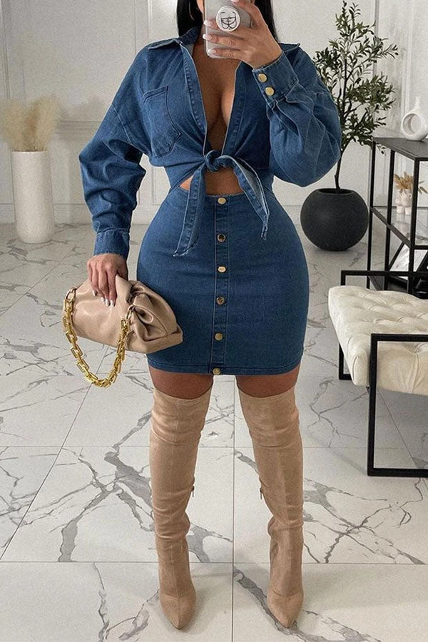 Denim Lapel Feminine Knotted Dress Suit 1 Denim Lapel Feminine Knotted Dress Suit