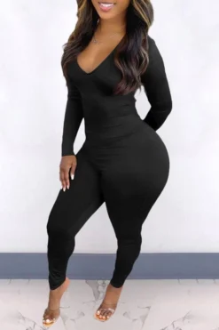 Solid Color Elegant Back Drawstring Jumpsuit 19 Solid Color Elegant Back Drawstring Jumpsuit -Prettytina H21101107 BK 2