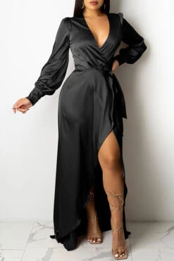 Solid Color Deep V Neck Luxe Lace-Up Split Maxi Dress -Prettytina H21101420 BK 1 565b6906 a556 4240 8d08 905feedf22dd