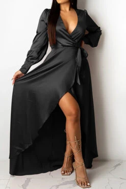 Solid Color Deep V Neck Luxe Lace-Up Split Maxi Dress -Prettytina H21101420 BK 3 71eba5a3 7de3 4675 a344 c409dce03fcd