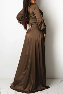 Solid Color Deep V Neck Luxe Lace-Up Split Maxi Dress -Prettytina H21101420 BR 2 4371c183 8891 4328 83b5 151abc34dbfe