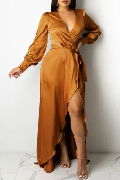 Solid Color Deep V Neck Luxe Lace-Up Split Maxi Dress -Prettytina H21101420 KH 1 d3ddb624 f955 4090 bcd1 34c983cb8a52