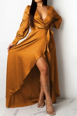 Solid Color Deep V Neck Luxe Lace-Up Split Maxi Dress -Prettytina H21101420 KH 3 2b916742 cf9b 4f7d add3 c09fbb01dcf0