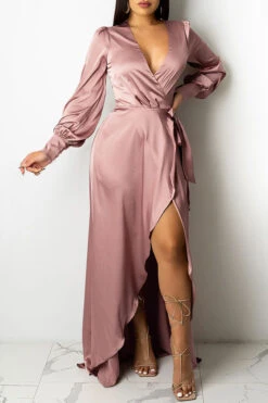 Solid Color Deep V Neck Luxe Lace-Up Split Maxi Dress