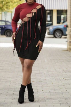Color Block Unique Cutout Lace-Up Bodycon Mini Dress