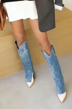 Denim Patchwork Unique Fold Over Block Boots -Prettytina H21102020 BL 3