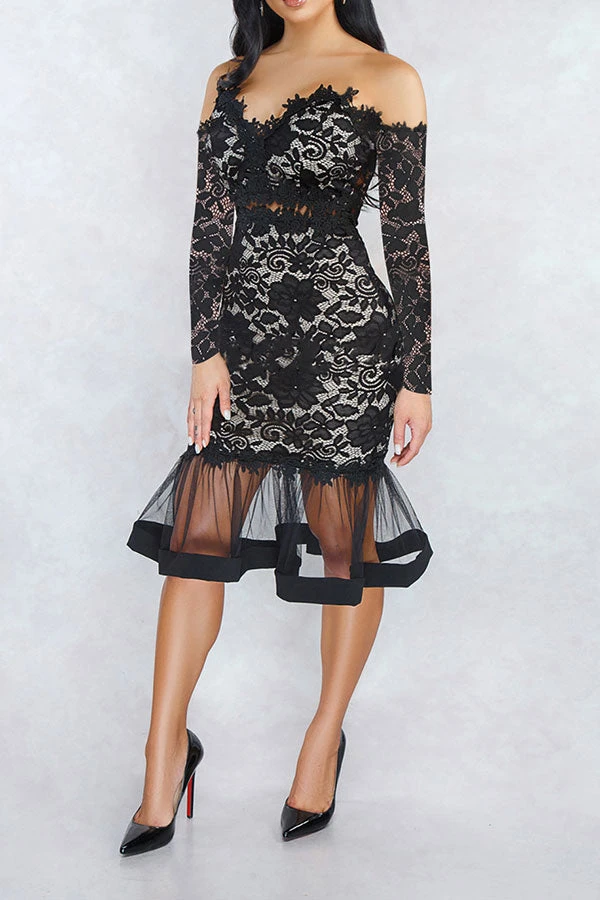 Floral Lace Off Shoulder Glamorous Fishtail Midi Dress 4 Floral Lace Off Shoulder Glamorous Fishtail Midi Dress - Image 4