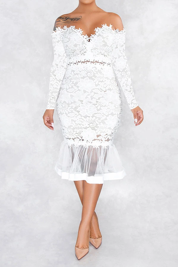 Floral Lace Off Shoulder Glamorous Fishtail Midi Dress 6 Floral Lace Off Shoulder Glamorous Fishtail Midi Dress - Image 6