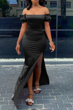 Solid Color Off Shoulder Ruffles Sweet Split Maxi Dress -Prettytina H21111019 BK 1