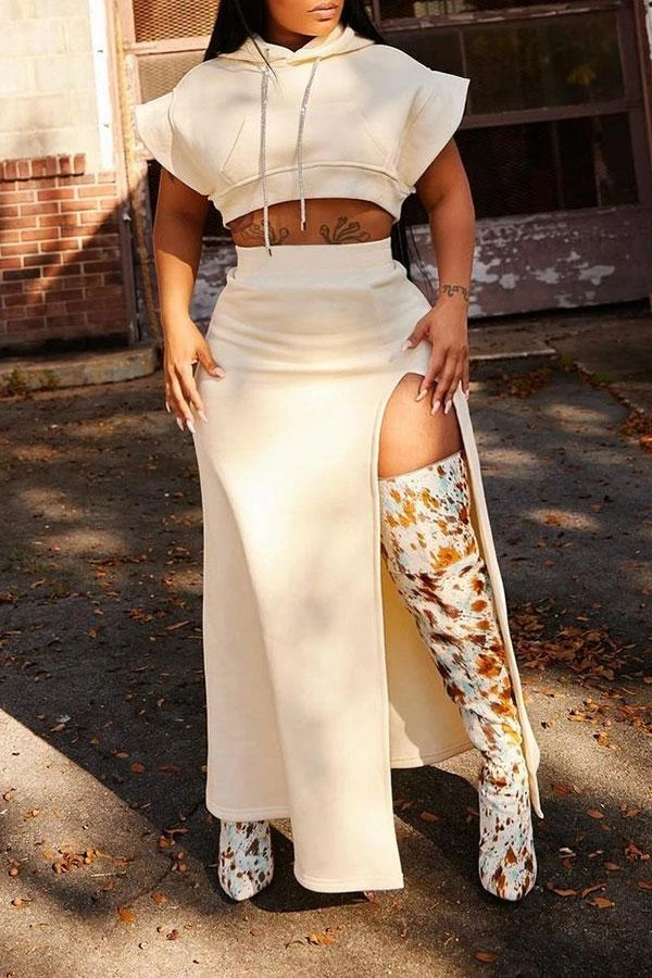 Solid Color Unusual High Split Hooded Dress Suit 1 Solid Color Unusual High Split Hooded Dress Suit