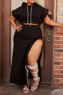 Solid Color Unusual High Split Hooded Dress Suit 13 Solid Color Unusual High Split Hooded Dress Suit -Prettytina H21111831 BK 2