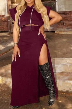 Solid Color Unusual High Split Hooded Dress Suit 15 Solid Color Unusual High Split Hooded Dress Suit -Prettytina H21111831 WR 1