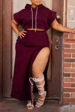 Solid Color Unusual High Split Hooded Dress Suit 16 Solid Color Unusual High Split Hooded Dress Suit -Prettytina H21111831 WR 2