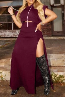 Solid Color Unusual High Split Hooded Dress Suit 17 Solid Color Unusual High Split Hooded Dress Suit -Prettytina H21111831 WR 3