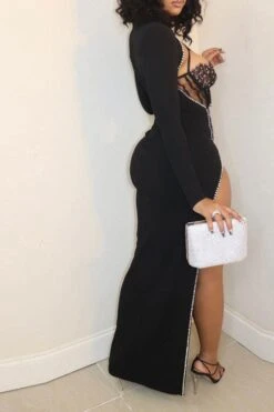 Rhinestone Patchwork Unique Irregular Maxi Dress & Bodysuit 22 Rhinestone Patchwork Unique Irregular Maxi Dress & Bodysuit -Prettytina H21121437 BK 3