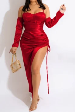 Solid Color Undeniable Drawstring Split Irregular Midi Dress -Prettytina H21122002 RE 1