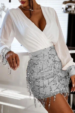 Sequined Tassels Deep V Neck Glamorous Mini Dress