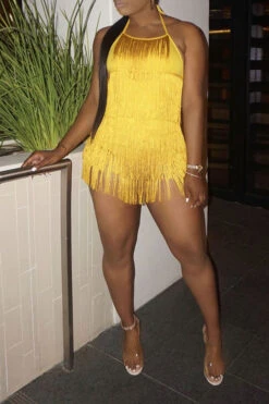 Solid Color Halter Collar Smart Tassels Romper 18 Solid Color Halter Collar Smart Tassels Romper -Prettytina H21122914 YE 4