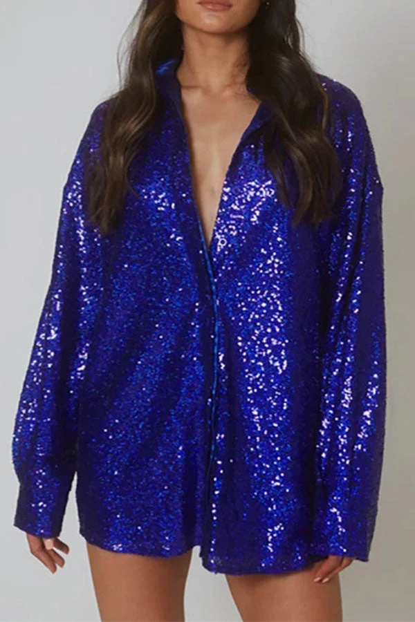 Sequined Lapel Sparkly Button Down Mini Dress 16 Sequined Lapel Sparkly Button Down Mini Dress - Image 16