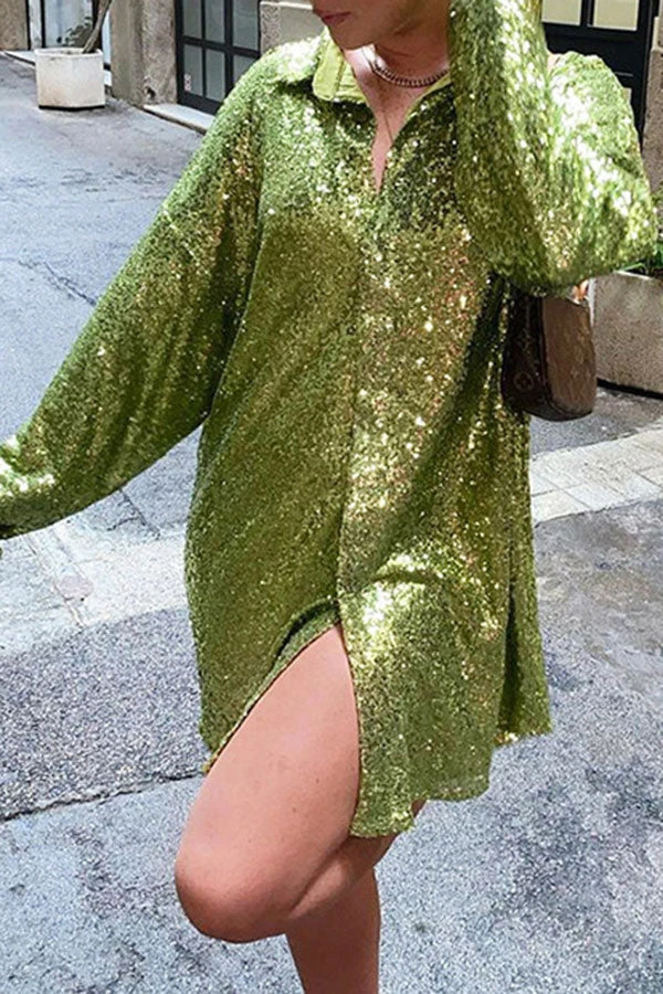 Sequined Lapel Sparkly Button Down Mini Dress 8 Sequined Lapel Sparkly Button Down Mini Dress - Image 8