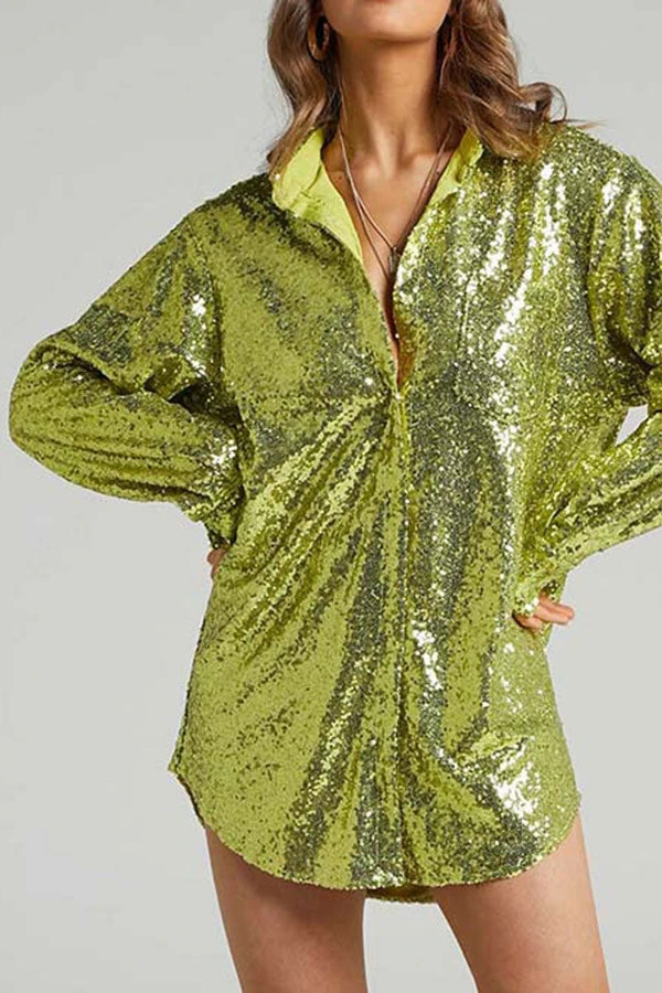 Sequined Lapel Sparkly Button Down Mini Dress 10 Sequined Lapel Sparkly Button Down Mini Dress - Image 10