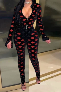 Geometric Print Zipper Flattering Bodycon Jumpsuit -Prettytina H22010632 RE 1