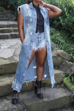 Ripped Lapel Stylish Button Down Denim Cape