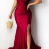 Solid Color Off Shoulder Luxe Split Fishtail Maxi Dress