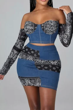Paisley Patchwork Bandeau Romantic Denim Dress Suit