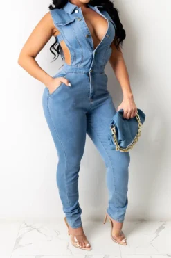 Denim Pretty Cutout Button Down Jumpsuit